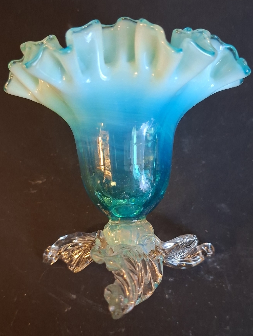 Blue to Aqua Ruffled Art Glass Vase - URANIUM